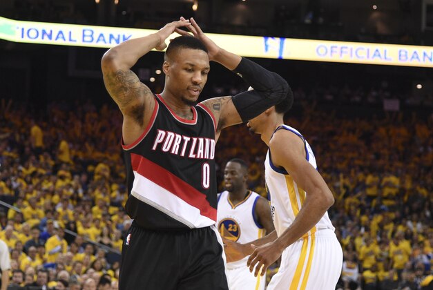 May 3, 2016; Oakland, CA, USA; Portland Trail Blazers guard Damian Lillard (0) reacts against the Golden State Warriors during the third quarter in game two of the second round of the NBA Playoffs at Oracle Arena. The Warriors defeated the Trail Blazers 110-99. Mandatory Credit: Kyle Terada-USA TODAY Sports