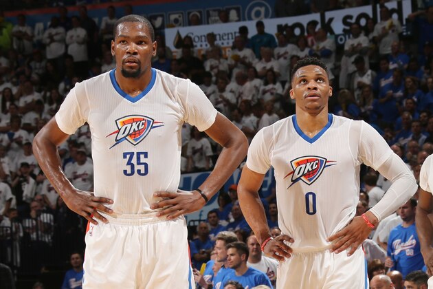 OKLAHOMA CITY, OK - MAY 6: Kevin Durant #35 and Russell Westbrook #0 of the Oklahoma City Thunder during Game Three of the Western Conference Semifinals during the 2016 NBA Playoffs against the San Antonio Spurs on May 6, 2016 at Chesapeake Energy Arena in Oklahoma City, Oklahoma. NOTE TO USER: User expressly acknowledges and agrees that, by downloading and or using this Photograph, user is consenting to the terms and conditions of the Getty Images License Agreement. Mandatory Copyright Notice: Copyright 2016 NBAE (Photo by Layne Murdoch/NBAE via Getty Images)