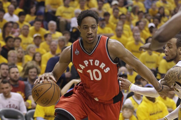Toronto Raptors' DeMar DeRozan (10) in action during the first half of Game 6 of an NBA first-round playoff basketball series against the Indiana Pacers, Friday, April 29, 2016, in Indianapolis. (AP Photo/Darron Cummings)