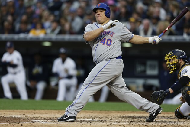 New York Mets' Bartolo Colon swings as he bats during the fourth inning of a baseball game against the San Diego Padres Saturday, May 7, 2016, in San Diego. (AP Photo/Gregory Bull)