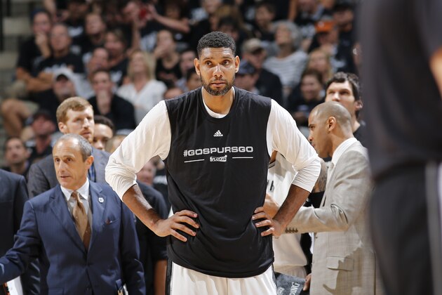 SAN ANTONIO, TX - APRIL 30:  Tim Duncan #21 of the San Antonio Spurs looks on during the game against the Oklahoma City Thunder in Game One of the Western Conference Semifinals during the 2016 NBA Playoffs on April 30, 2016 at the AT&T Center in San Antonio, Texas. NOTE TO USER: User expressly acknowledges and agrees that, by downloading and or using this photograph, user is consenting to the terms and conditions of the Getty Images License Agreement. Mandatory Copyright Notice: Copyright 2016 NBAE (Photos by Chris Covatta/NBAE via Getty Images)