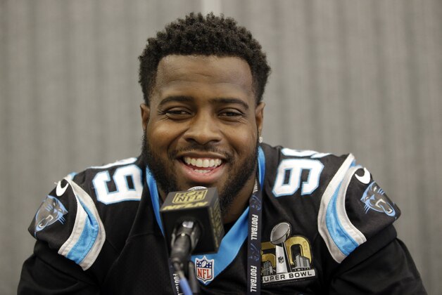 Carolina Panthers defensive tackle Kawann Short (99) answers questions during a press conference Wednesday, Feb. 3, 2016 in San Jose, Calif. Carolina plays the Denver Broncos in the NFL Super Bowl 50 football game Sunday, Feb. 7, 2015, in Santa Clara, Calif. (AP Photo/Marcio Jose Sanchez)