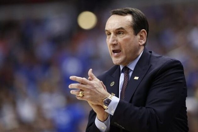 FILE - In this Thursday, March 10, 2016 file photo, Duke head coach Mike Krzyzewski reacts during the first half of an NCAA college basketball game in the Atlantic Coast Conference tournament against Notre Dame in Washington. Oregon coach Dana Altman's message to Coach K: No apology necessary. With a week to digest the dust-up between Duke coach Mike Krzyzewski and Oregon guard Dillon Brooks, Altman said on Friday, April 1, 2016, he wished he had handled things differently, too, but that he was fine with Krzyzewski's dressing down of Brooks after the game.(AP Photo/Alex Brandon)