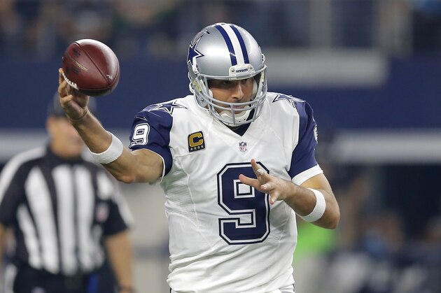 Dallas Cowboys quarterback Tony Romo (9) throws a pass in the second half of an NFL football game against the Carolina Panthers, Thursday, Nov. 26, 2015, in Arlington, Texas. (AP Photo/Brandon Wade)