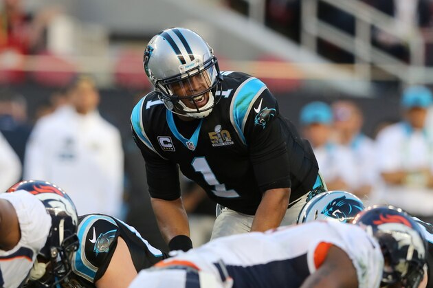 Carolina Panthers’ Cam Newton (1) call signals at the line against the Denver Broncos during the NFL Super Bowl 50 football game Sunday, Feb. 7, 2016, in Santa Clara, Calif.  (AP Photo/Gregory Payan)