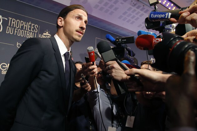 Paris Saint Germain's soccer player Zlatan Ibrahimovic talks to the media after he was awarded best French league One player during the UNPF (French National Union of Professional Soccer Players) award ceremony in Paris, France, Sunday, May 8, 2016. (AP Photo/Michel Euler)
