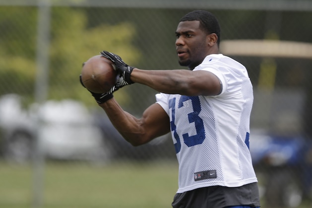 Indianapolis Colts running back Vick Ballard during the NFL team's football training camp in Anderson, Ind., Friday, July 25, 2014.  (AP Photo/Michael Conroy)
