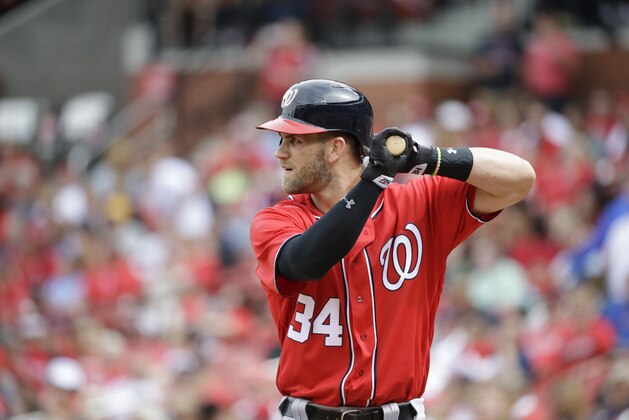 Washington Nationals' Bryce Harper bats during the eighth inning of a baseball game against the St. Louis Cardinals Saturday, April 30, 2016, in St. Louis. The Nationals won 6-1. (AP Photo/Jeff Roberson)