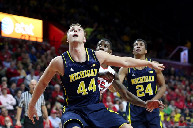 PISCATAWAY, NJ - JANUARY 20:  Max Bielfeldt #44 of the Michigan Wolverines against the Rutgers Scarlet Knights during their Big Ten conference regular season game at Louis Brown Athletic Center on January 20, 2015 in Piscataway, New Jersey.  (Photo by Chris Chambers/Getty Images)
