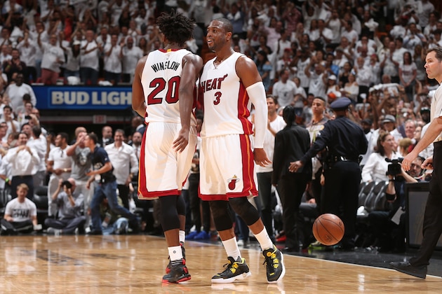 MIAMI, FL - MAY 9:  Dwyane Wade #3 of the Miami Heat celebrates a victory against the Toronto Raptors in Game Four of the Eastern Conference Semifinals during the 2016 NBA Playoffs on May 9, 2016 at American Airlines Arena in Miami, Florida.  NOTE TO USER: User expressly acknowledges and agrees that, by downloading and or using this Photograph, user is consenting to the terms and conditions of the Getty Images License Agreement. Mandatory Copyright Notice: Copyright 2016 NBAE (Photo by Joe Murphy/NBAE via Getty Images)