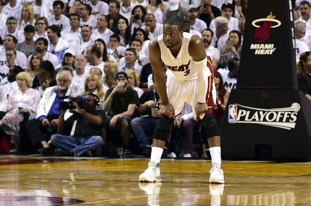 May 7, 2016; Miami, FL, USA; Miami Heat guard Dwyane Wade (3) rests during the third quarter in game three of the second round of the NBA Playoffs against the Toronto Raptors at American Airlines Arena. Mandatory Credit: Steve Mitchell-USA TODAY Sports