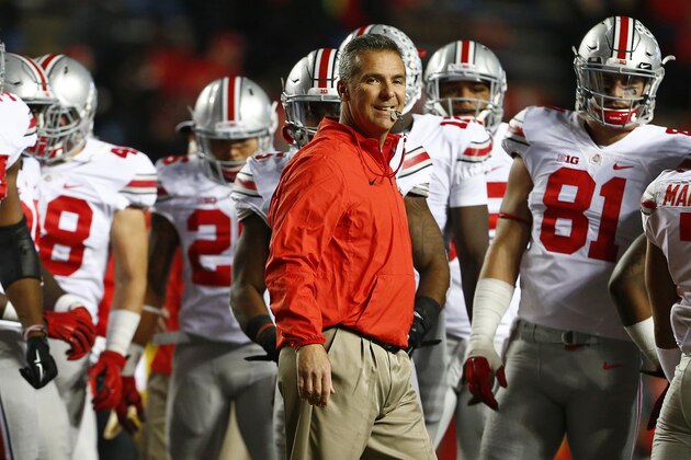 PISCATAWAY, NJ - OCTOBER 24: Head coach Urban Meyer of the Ohio State Buckeyes during warmups before a game against the Rutgers Scarlet Knights at High Point Solutions Stadium on October 24, 2015 in Piscataway, New Jersey. (Photo by Rich Schultz /Getty Images)