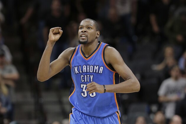 Oklahoma City Thunder forward Kevin Durant (35) celebrates a score against the San Antonio Spurs during the second half in Game 2 of a second-round NBA basketball playoff series, Monday, May 2, 2016, in San Antonio. Oklahoma City won 98-97. (AP Photo/Eric Gay)