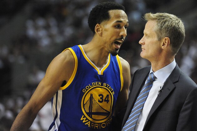 PORTLAND, OR - MAY 9: Shaun Livingston #34 of the Golden State Warriors has some words with head coach Steve Kerr of the Golden State Warriors  during the first quarter of Game Four of the Western Conference Semifinals against the Portland Trail Blazers during the 2016 NBA Playoffs at the Moda Center on May 9, 2016 in Portland, Oregon. NOTE TO USER: User expressly acknowledges and agrees that by downloading and/or using this photograph, user is consenting to the terms and conditions of the Getty Images License Agreement.  (Photo by Steve Dykes/Getty Images)