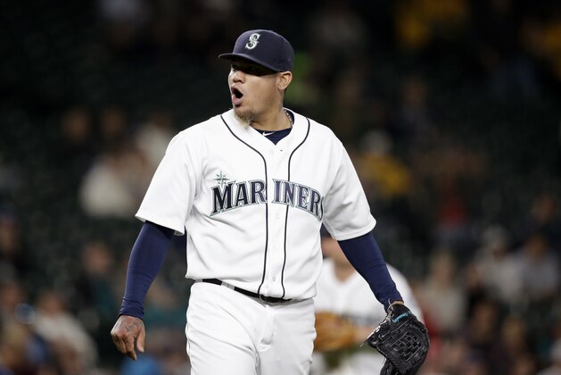 Seattle Mariners starting pitcher Felix Hernandez reacts to the final out of the top of the seventh inning of a baseball game against the Tampa Bay Rays Monday, May 9, 2016, in Seattle. (AP Photo/Elaine Thompson) Seattle Mariners starting pitcher Felix Hernandez reacts to the final out of the top of the seventh inning of a baseball game against the Tampa Bay Rays Monday, May 9, 2016, in Seattle. (AP Photo/Elaine Thompson)