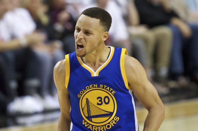 Golden State Warriors guard Stephen Curry reacts after making a basket against the Portland Trail Blazers during the second half of Game 4 of an NBA basketball second-round playoff series Monday, May 9, 2016, in Portland, Ore. (AP Photo/Craig Mitchelldyer)