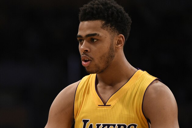 Los Angeles Lakers guard D'Angelo Russell (1) in action during the second half of an NBA basketball game against the Memphis Grizzlies in Los Angeles, Tuesday, March 22, 2016. The Los Angeles Lakers won 107-100. (AP Photo/Kelvin Kuo)