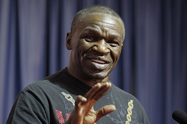 Boxer Floyd Mayweather Jr.'s father and trainer Floyd Mayweather Sr. speaks during a media roundtable Thursday, April 30, 2015, in Las Vegas. Floyd Mayweather Jr. will face Manny Pacquiao in a welterweight boxing match in Las Vegas on May 2. (AP Photo/John Locher)