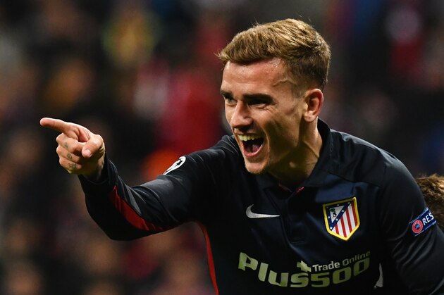 Atletico Madrid's French forward Antoine Griezmann celebrates scoring during the UEFA Champions League semi-final, second-leg football match between FC Bayern Munich and Atletico Madrid in Munich, southern Germany, on May 3, 2016. / AFP / LUKAS BARTH        (Photo credit should read LUKAS BARTH/AFP/Getty Images)