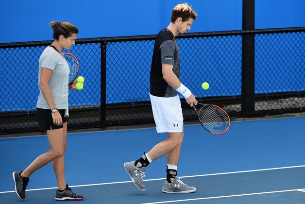 Britain's Andy Murray (R) walks with his coach Amelie Mauresmo during a training session on day seven of the 2016 Australian Open tennis tournament in Melbourne on January 24, 2016. AFP PHOTO / WILLIAM WEST-- IMAGE RESTRICTED TO EDITORIAL USE - STRICTLY NO COMMERCIAL USE / AFP / WILLIAM WEST        (Photo credit should read WILLIAM WEST/AFP/Getty Images)