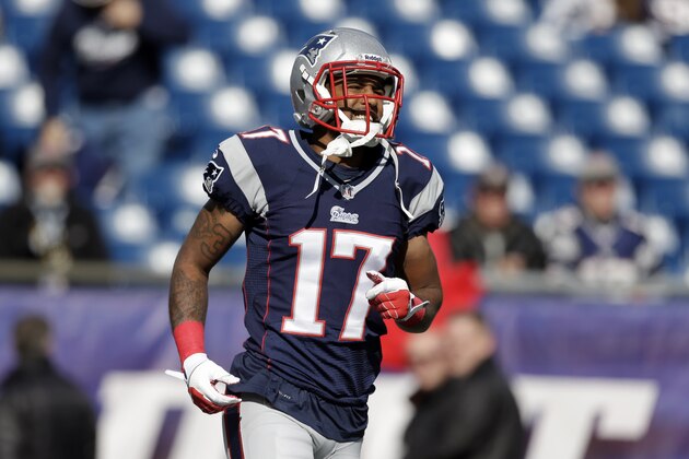 New England Patriots wide receiver Aaron Dobson (17) warms up before an NFL football game against the Miami Dolphins Sunday, Oct. 27, 2013, in Foxborough, Mass. (AP Photo/Steven Senne)