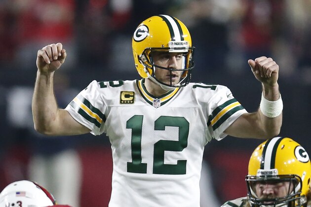Green Bay Packers quarterback Aaron Rodgers (12) during an NFL divisional playoff football game against the Arizona Cardinals, Saturday, Jan. 16, 2016, in Glendale, Ariz. (AP Photo/Rick Scuteri)
