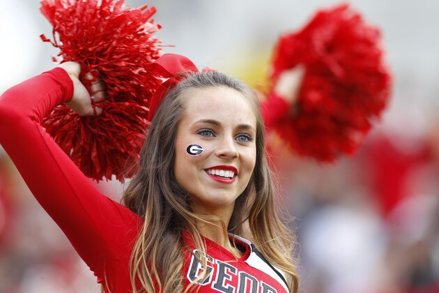 Georgia cheerleader on the sidelines in the second half of an NCAA college football game against Georgia Tech Saturday, Nov. 28, 2015, in Atlanta. Georgia won 13-7. (AP Photo/Brett Davis)