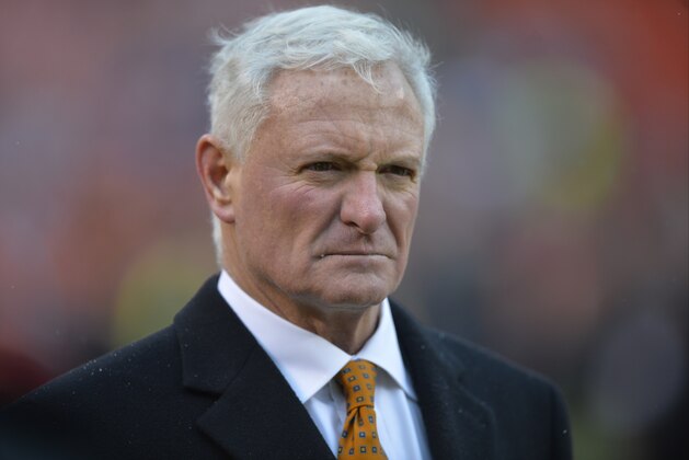 Cleveland Browns owner Jimmy Haslam stands on the field prior to an NFL football game between the Pittsburgh Steelers and the Browns, Sunday, Jan. 3, 2016, in Cleveland. The Steelers won 28-12. (AP Photo/David Richard)