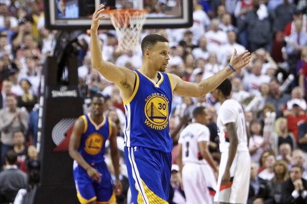 Golden State Warriors guard Stephen Curry reacts after scoring a basket against the Portland Trail Blazers during the second half of Game 4 of an NBA basketball second-round playoff series Monday, May 9, 2016, in Portland, Ore. The Warriors won 132-125. (AP Photo/Craig Mitchelldyer) Golden State Warriors guard Stephen Curry reacts after scoring a basket against the Portland Trail Blazers during the second half of Game 4 of an NBA basketball second-round playoff series Monday, May 9, 2016, in Portland, Ore. The Warriors won 132-125. (AP Photo/Craig Mitchelldyer)