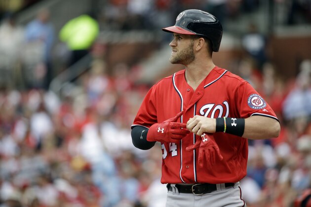 Washington Nationals' Bryce Harper after striking out during the first inning of a baseball game against the St. Louis Cardinals Sunday, May 1, 2016, in St. Louis. (AP Photo/Jeff Roberson)