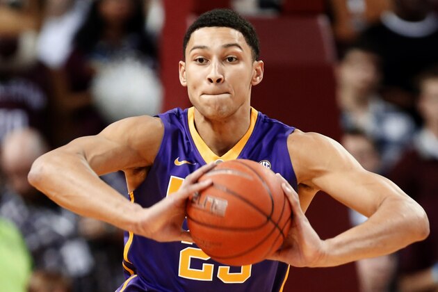 ,FILE - In this Nov. 30, 2015, file photo, LSU's Ben Simmons looks to pass against the College of Charleston during the first half of an NCAA college basketball game at TD Arena in Charleston, S.C.  As the Southeastern Conference heads  into league competition, it remains tough to figure which teams stand as defending champion Kentucky’s biggest competition. Simmons ranks second nationally in rebounding (13.0) and fourth in the SEC in scoring (19.3).  (AP Photo/Mic Smith, File)
