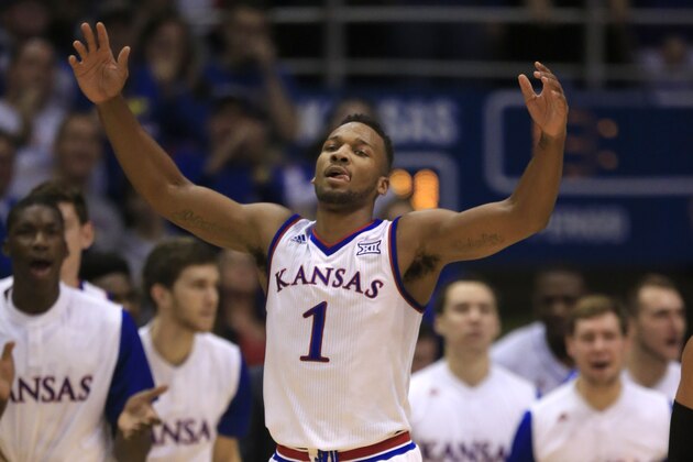 Kansas guard Wayne Selden Jr. (1) celebrates at a timeout during the first half of an NCAA college basketball game against Baylor in Lawrence, Kan., Saturday, Jan. 2, 2016. Seldon scored 24 points in the game. Kansas defeated Baylor 102-74. (AP Photo/Orlin Wagner)