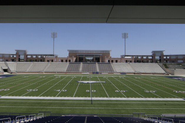 In this photo made Thursday, April 28, 2016, the Allen High School Eagle Stadium is shown in Allen, Texas. This suburban Dallas school district grabbed national attention in 2012 when it opened this eye-popping $60 million high school football stadium. Are such exorbitant price tags for high school stadiums the new normal? Only in Texas, it seems.   (AP Photo/LM Otero)