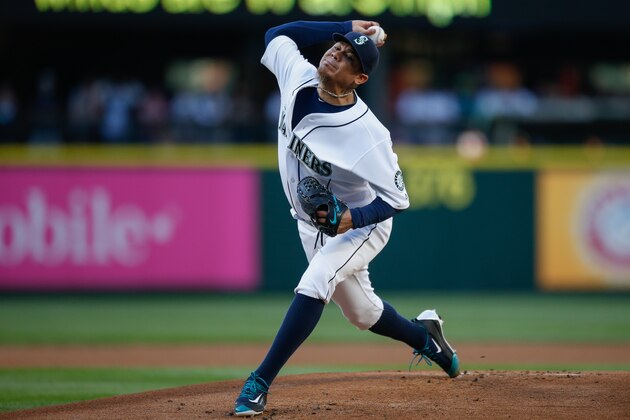 SEATTLE, WA - MAY 09:  Starting pitcher Felix Hernandez #34 of the Seattle Mariners pitches against the Tampa Bay Rays at Safeco Field on May 9, 2016 in Seattle, Washington. Hernandez was credited with the win, making him the all-time franchise leader with 146. (Photo by Otto Greule Jr/Getty Images)