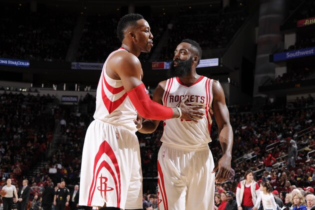 HOUSTON, TX - JANUARY 10: Dwight Howard #12 and James Harden #13 of the Houston Rockets are seen against the Indiana Pacers on January 10, 2016 at the Toyota Center in Houston, Texas. NOTE TO USER: User expressly acknowledges and agrees that, by downloading and or using this photograph, User is consenting to the terms and conditions of the Getty Images License Agreement. Mandatory Copyright Notice: Copyright 2016 NBAE (Photo by Bill Baptist/NBAE via Getty Images) HOUSTON, TX - JANUARY 10: Dwight Howard #12 and James Harden #13 of the Houston Rockets are seen against the Indiana Pacers on January 10, 2016 at the Toyota Center in Houston, Texas. NOTE TO USER: User expressly acknowledges and agrees that, by downloading and or using this photograph, User is consenting to the terms and conditions of the Getty Images License Agreement. Mandatory Copyright Notice: Copyright 2016 NBAE (Photo by Bill Baptist/NBAE via Getty Images)