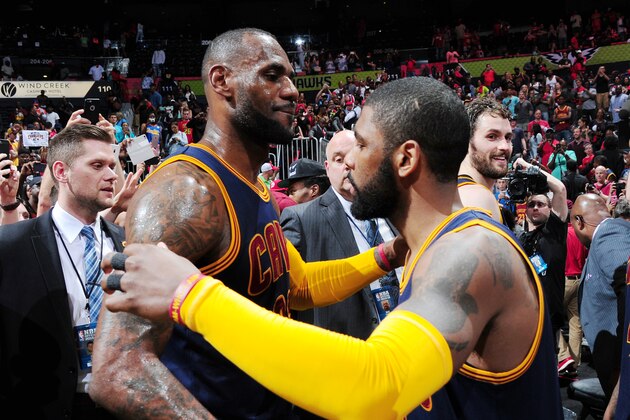 ATLANTA, GA - MAY 8: LeBron James #23 hugs teamamate J.R. Smith #5 of the Cleveland Cavaliers after the win against the Atlanta Hawks Game Four of the Eastern Conference Semifinals during the 2016 NBA Playoffs on May 8, 2016 at Philips Arena in Cleveland, Ohio. NOTE TO USER: User expressly acknowledges and agrees that, by downloading and or using this Photograph, user is consenting to the terms and conditions of the Getty Images License Agreement. Mandatory Copyright Notice: Copyright 2016 NBAE (Photo by Scott Cunningham/NBAE via Getty Images)