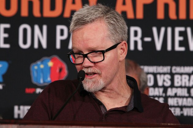 Freddie Roach, trainer of boxer Manny Pacquiao, speaks during a press conference announcing the upcoming 12-round world welterweight championship bout against Timothy Bradley at the Beverly Hills Hotel in Beverly Hills, California, January 19, 2016.
Pacquiao said he is looking forward to swapping the boxing ring for the political arena as the countdown began towards his farewell fight with long-time American rival Timothey Bradley on April9, 2016.  / AFP / ChrisFarina        (Photo credit should read CHRISFARINA/AFP/Getty Images)