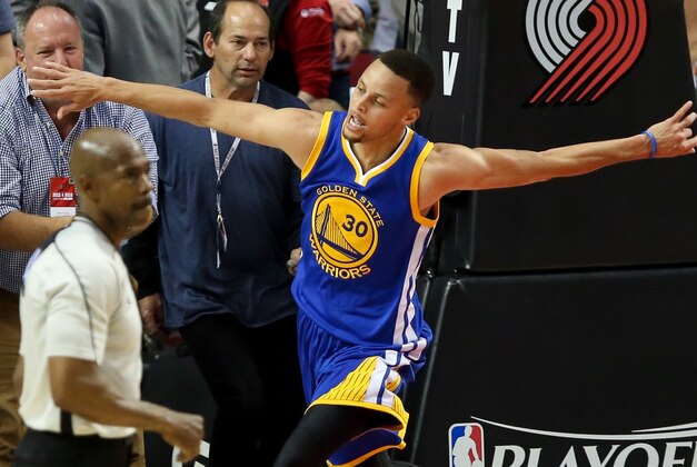 May 9, 2016; Portland, OR, USA; Golden State Warriors guard Stephen Curry (30) celebrates a 132-125 win in overtime over Portland Trail Blazers in game four of the second round of the NBA Playoffs at Moda Center at the Rose Quarter. Mandatory Credit: Jaime Valdez-USA TODAY Sports