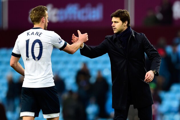 BIRMINGHAM, ENGLAND - MARCH 13:  Mauricio Pochettino manager of Tottenham Hotspur and Harry Kane of Tottenham Hotspur shake hands after victory in the Barclays Premier League match between Aston Villa and Tottenham Hotspur at Villa Park on March 13, 2016 in Birmingham, England.  (Photo by Stu Forster/Getty Images)