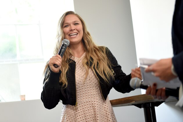 WEST HOLLYWOOD, CALIFORNIA - MARCH 22:  Ronda Rousey speaks during Reebok Women's Luncheon, hosted by Ronda Rousey, on March 22, 2016 in Los Angeles, California.  (Photo by Emma McIntyre/Getty Images for Reebok)