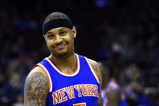 New York Knicks' Carmelo Anthony is seen during an NBA basketball game against the Philadlephia 76ers, Friday, April 8, 2016, in Philadelphia. (AP Photo/Michael Perez)