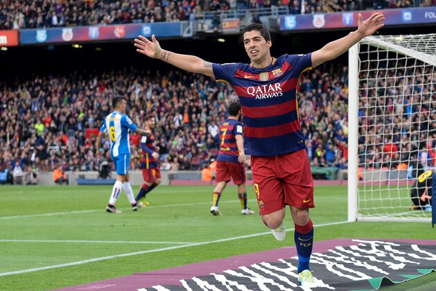 Barcelona's Uruguayan forward Luis Suarez celebrates a goal during the Spanish league football match FC Barcelona vs RCD Espanyol at the Camp Nou stadium in Barcelona on May 8, 2016. / AFP / JOSEP LAGO        (Photo credit should read JOSEP LAGO/AFP/Getty Images)