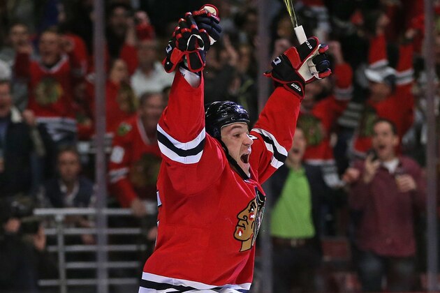 CHICAGO, IL - APRIL 19:  Andrew Shaw #65 of the Chicago Blackhawks celebrates his second period goal against the St. Louis Blues in Game Four of the Western Conference First Round during the 2016 NHL Stanley Cup Playoffs at the United Center on April 19, 2016 in Chicago, Illinois.  (Photo by Jonathan Daniel/Getty Images)