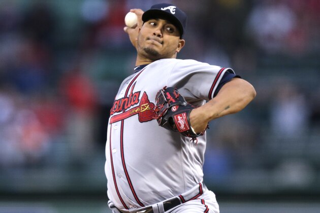 Atlanta Braves starting pitcher Jhoulys Chacin during the first inning of a baseball game at Fenway Park in Boston, Thursday, April 28, 2016. (AP Photo/Charles Krupa)