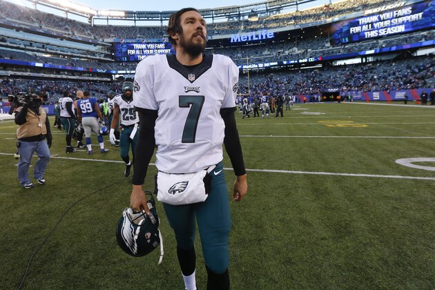 Philadelphia Eagles quarterback Sam Bradford (7) walks off the field after beating the New York Giants 35-30 in an NFL football game, Sunday, Jan. 3, 2016, in East Rutherford, N.J. (AP Photo/Julio Cortez)
