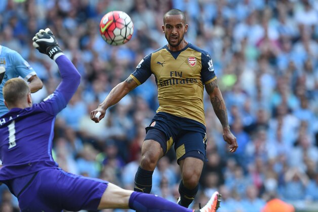 Manchester City's English goalkeeper Joe Hart (L) blocks Arsenal's English midfielder Theo Walcott during the English Premier League football match between Manchester City and Arsenal at the Etihad Stadium in Manchester, north west England, on May 8, 2016. / AFP / PAUL ELLIS / RESTRICTED TO EDITORIAL USE. No use with unauthorized audio, video, data, fixture lists, club/league logos or 'live' services. Online in-match use limited to 75 images, no video emulation. No use in betting, games or single club/league/player publications.  /         (Photo credit should read PAUL ELLIS/AFP/Getty Images)
