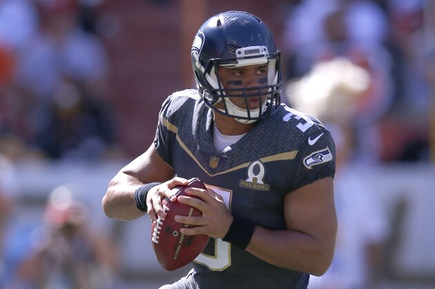 Seattle Seahawks Russell Wilson (3) looks to throw a pass during the NFL Pro Bowl football game, Sunday, Jan. 31, 2016, in Honolulu.  (Jeff Haynes/AP Images for Panini)