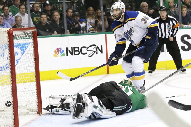 St. Louis Blues right wing Troy Brouwer (36) scores a goal against Dallas Stars goalie Antti Niemi (31) during the second period of Game 7 of the NHL hockey Stanley Cup Western Conference semifinals Wednesday, May 11, 2016, in Dallas. (AP Photo/LM Otero)
