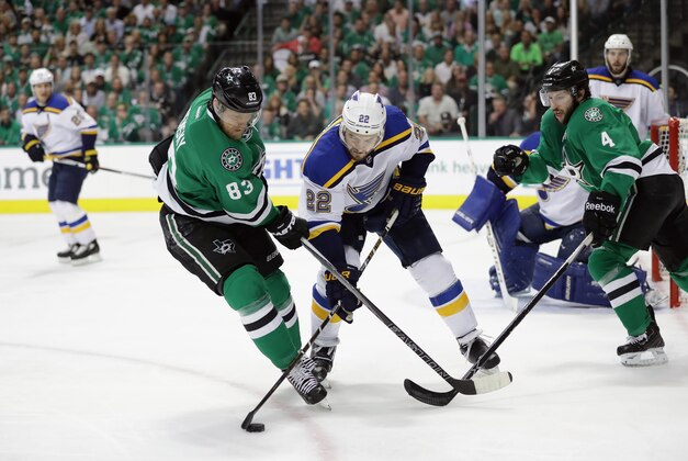 May 11, 2016; Dallas, TX, USA; St. Louis Blues center David Backes (42) celebrates with teammates after scoring a goal against the Dallas Stars during the second period in game seven of the second round of the 2016 Stanley Cup Playoffs at American Airlines Center. Mandatory Credit: Jerome Miron-USA TODAY Sports