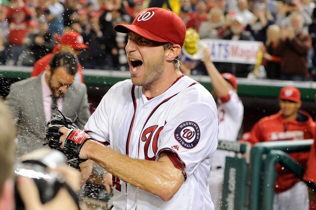 WASHINGTON, DC - MAY 11:  Max Scherzer #31 of the Washington Nationals celebrates after tying the MLB record for strikeouts in a game with 20 against the Detroit Tigers at Nationals Park on May 11, 2016 in Washington, DC.  (Photo by Greg Fiume/Getty Images)